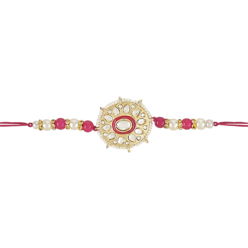 Beautiful Kundan & Pearl Beads Rakhi with Roli Chawal & Card