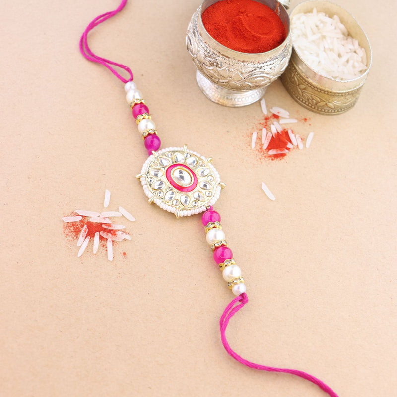 Beautiful Kundan & Pearl Beads Rakhi with Roli Chawal & Card