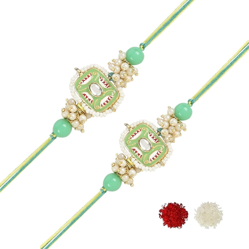 Mesmerizing Kundan And Meena Rakhi With Roli Chawal & Card (Pack of 2)