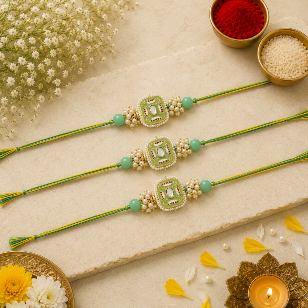 Mesmerizing Kundan And Meena Rakhi With Roli Chawal & Card (Pack of 3)