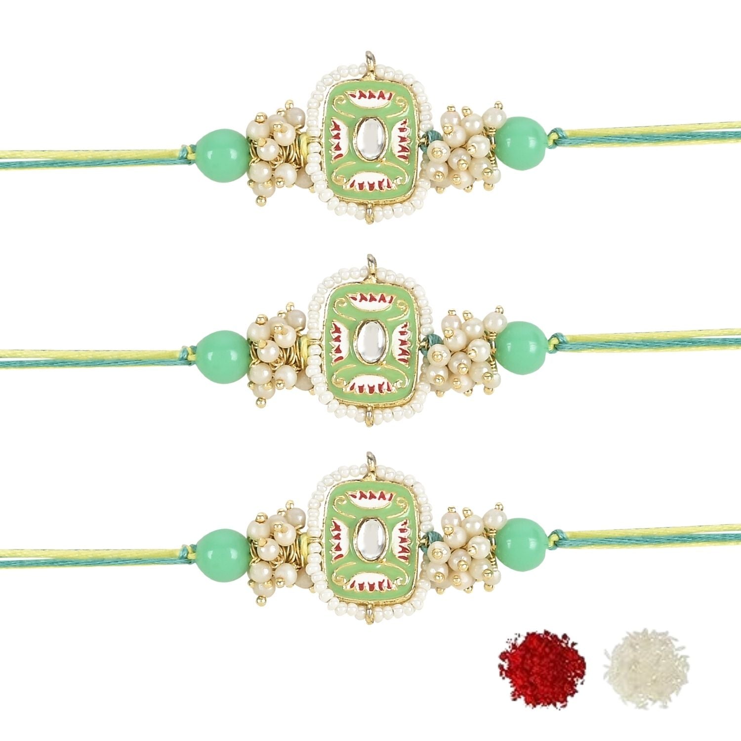 Mesmerizing Kundan And Meena Rakhi With Roli Chawal & Card (Pack of 3)