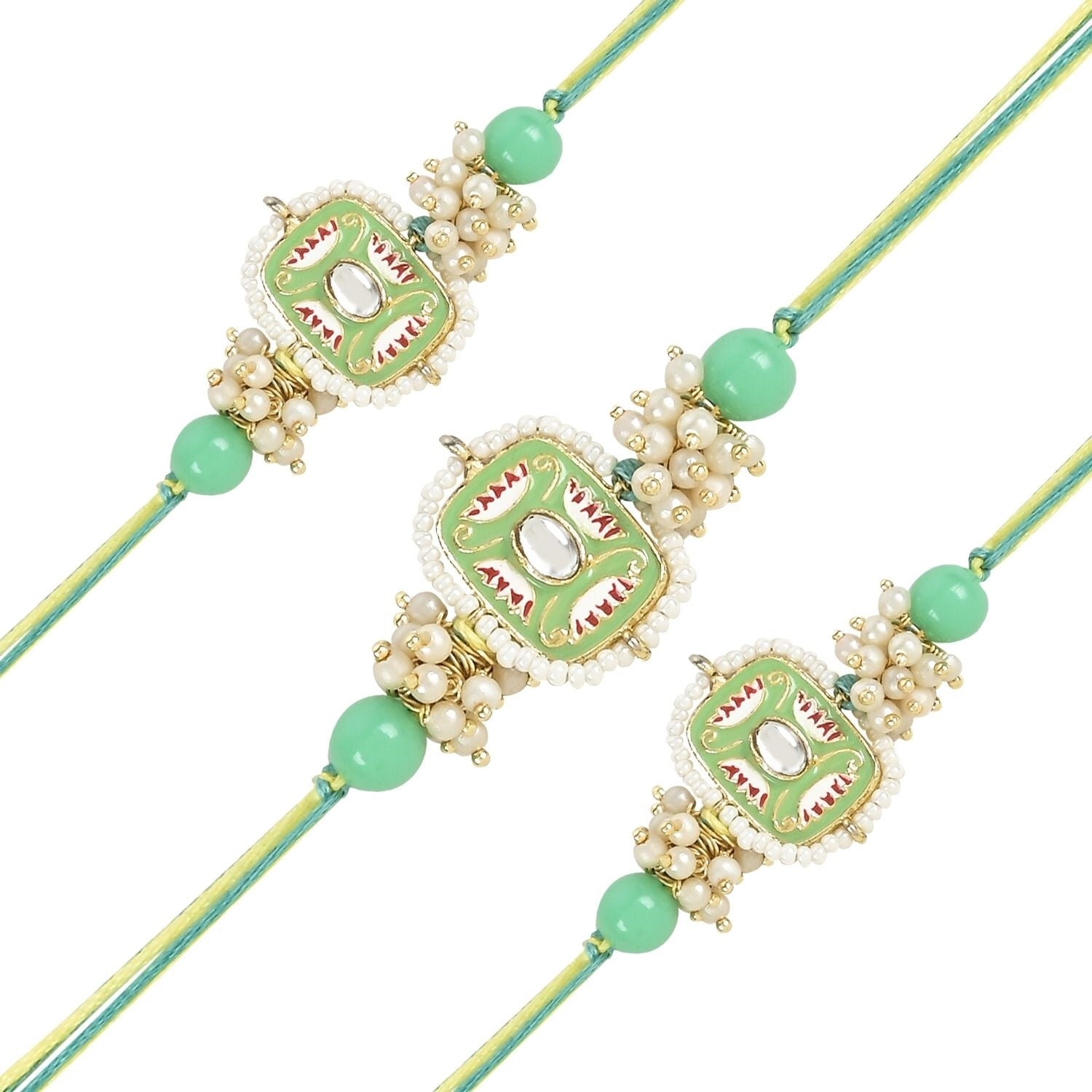 Mesmerizing Kundan And Meena Rakhi With Roli Chawal & Card (Pack of 3)