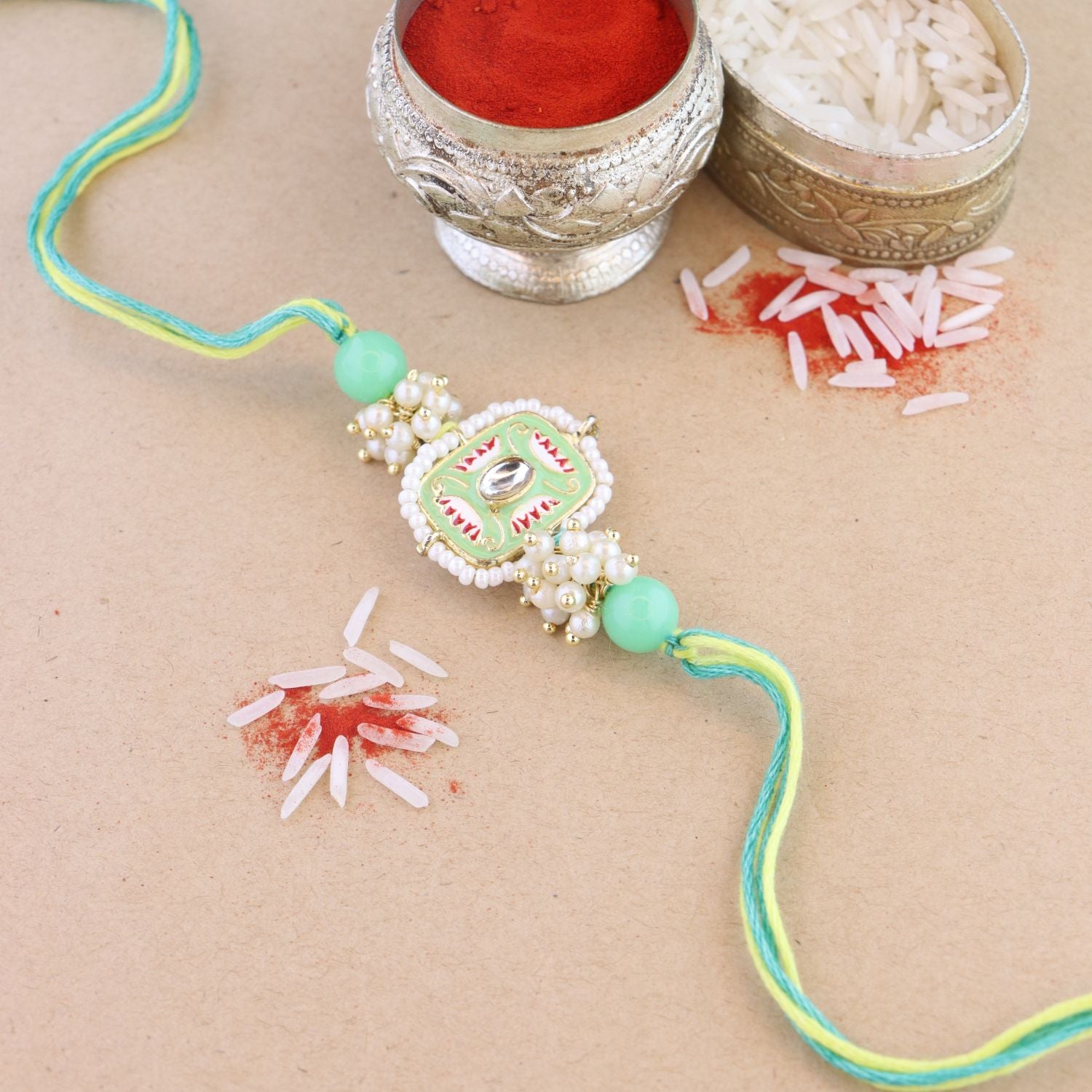 Mesmerizing Kundan And Meena Rakhi With Roli Chawal & Card