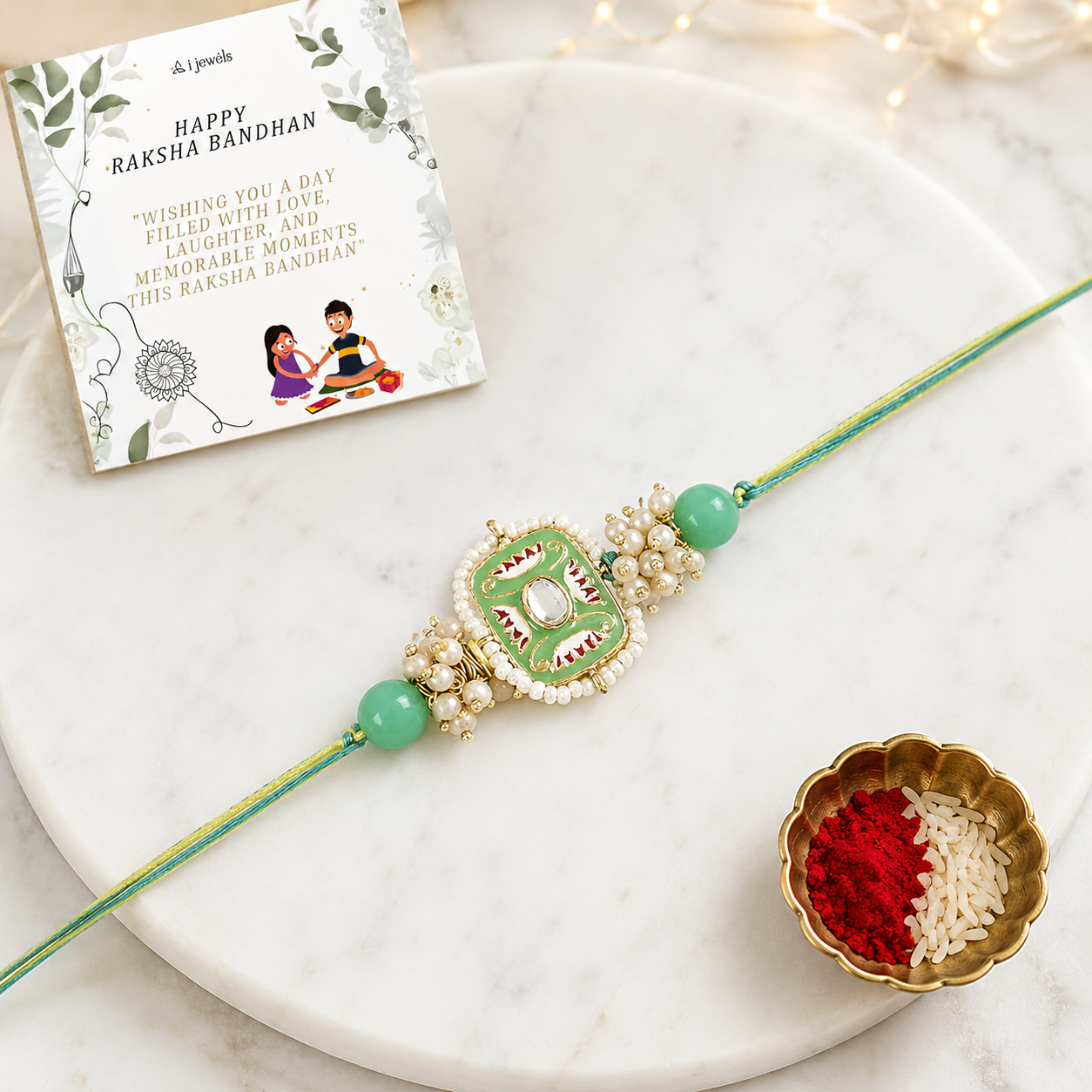 Mesmerizing Kundan And Meena Rakhi With Roli Chawal & Card