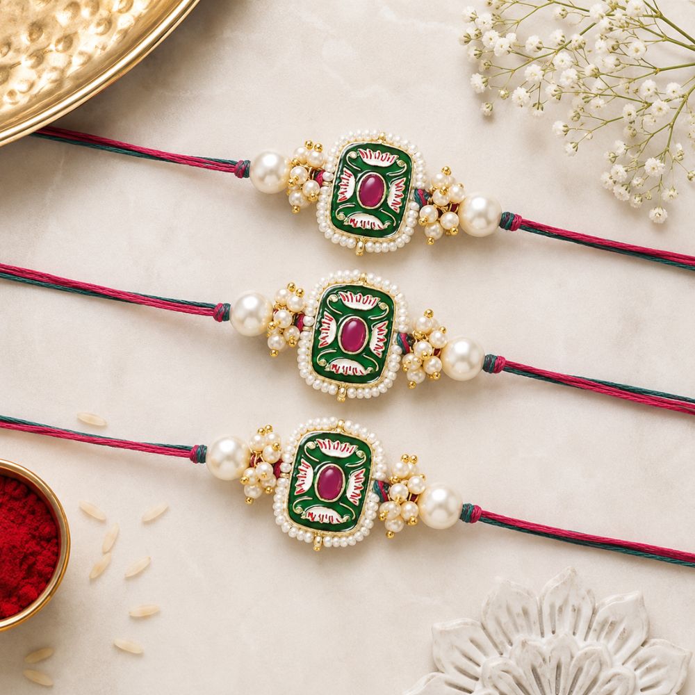 Mesmerizing Kundan And Meena Rakhi With Roli Chawal & Card (Pack of 3)