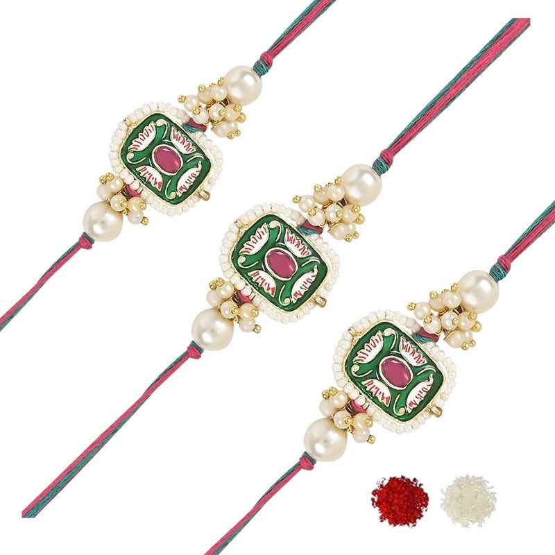 Mesmerizing Kundan And Meena Rakhi With Roli Chawal & Card (Pack of 3)