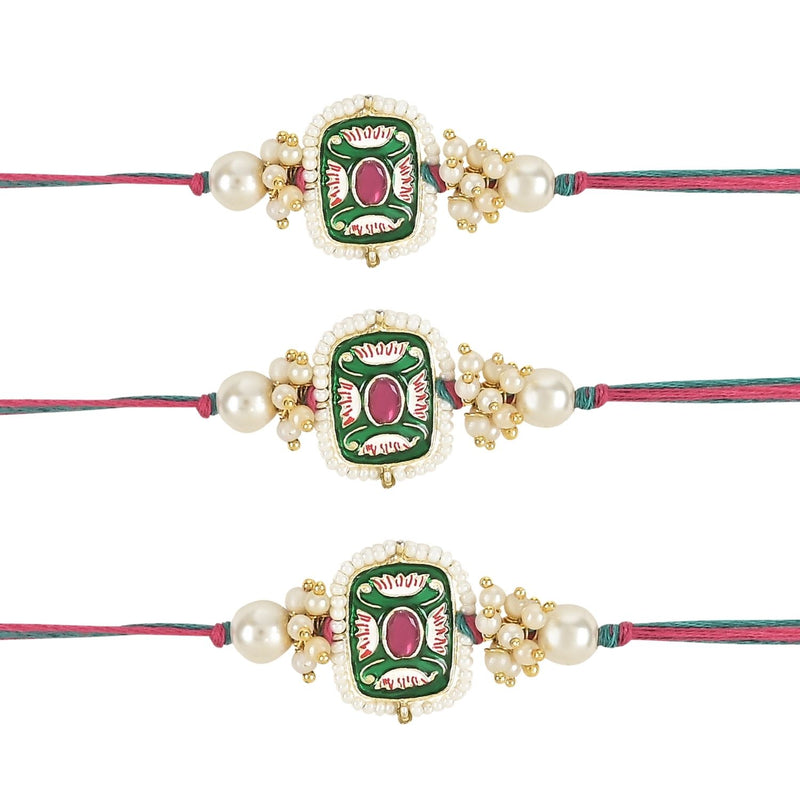 Mesmerizing Kundan And Meena Rakhi With Roli Chawal & Card (Pack of 3)