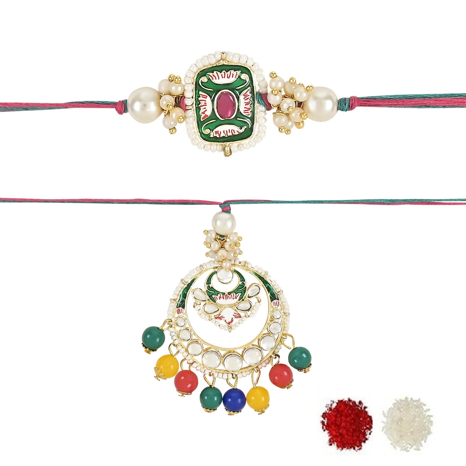 Elegant Bhaiya Bhabhi Lumba & Pearl Rakhi With Roli Chawal & Card
