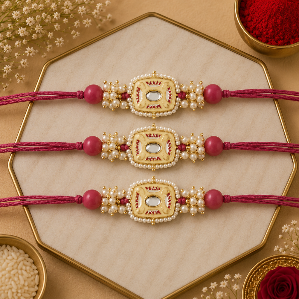 Mesmerizing Kundan And Meena Rakhi With Roli Chawal & Card (Pack of 3)