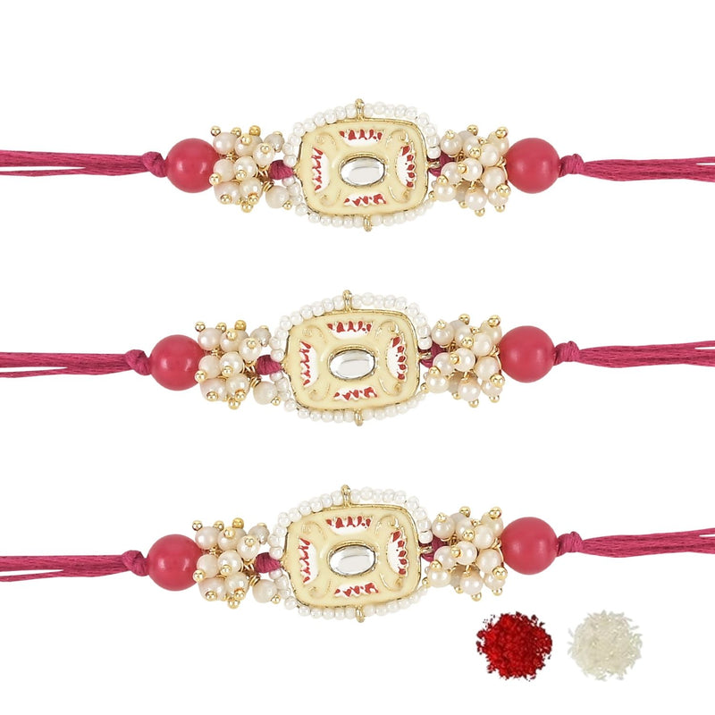 Mesmerizing Kundan And Meena Rakhi With Roli Chawal & Card (Pack of 3)