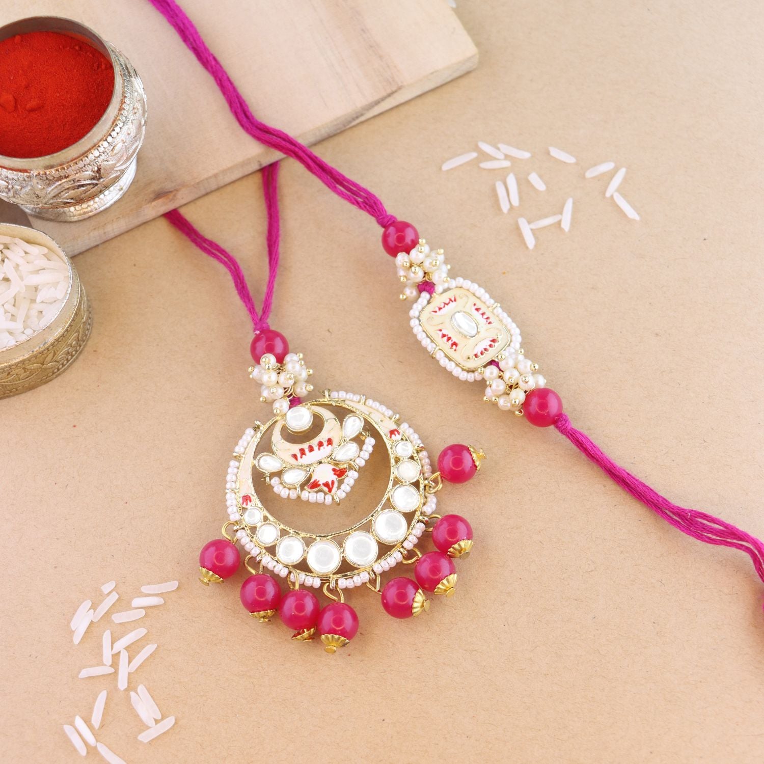 Elegant Bhaiya Bhabhi Lumba & Pearl Rakhi With Roli Chawal & Card