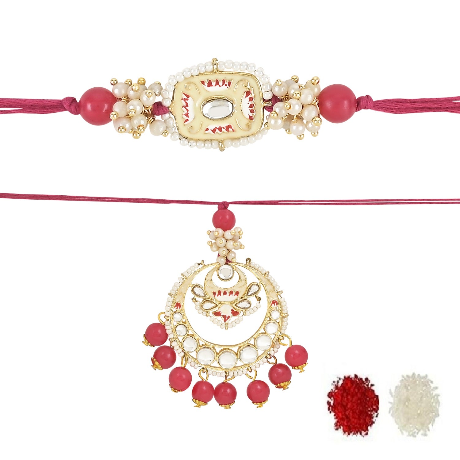 Elegant Bhaiya Bhabhi Lumba & Pearl Rakhi With Roli Chawal & Card