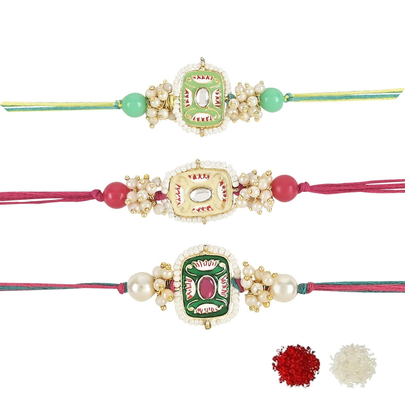 Mesmerizing Kundan And Meena Rakhi With Roli Chawal & Card (Pack of 3)