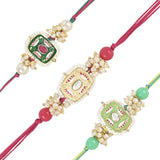 Mesmerizing Kundan And Meena Rakhi With Roli Chawal & Card (Pack of 3)