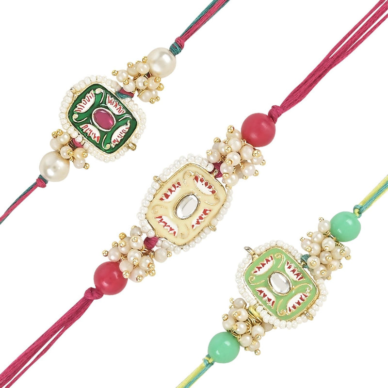 Mesmerizing Kundan And Meena Rakhi With Roli Chawal & Card (Pack of 3)