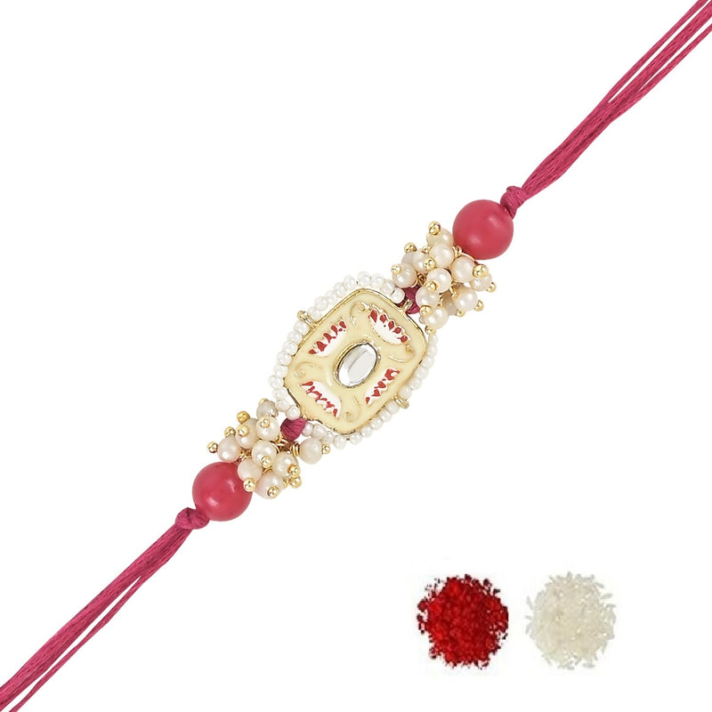 Mesmerizing Kundan And Meena Rakhi With Roli Chawal & Card