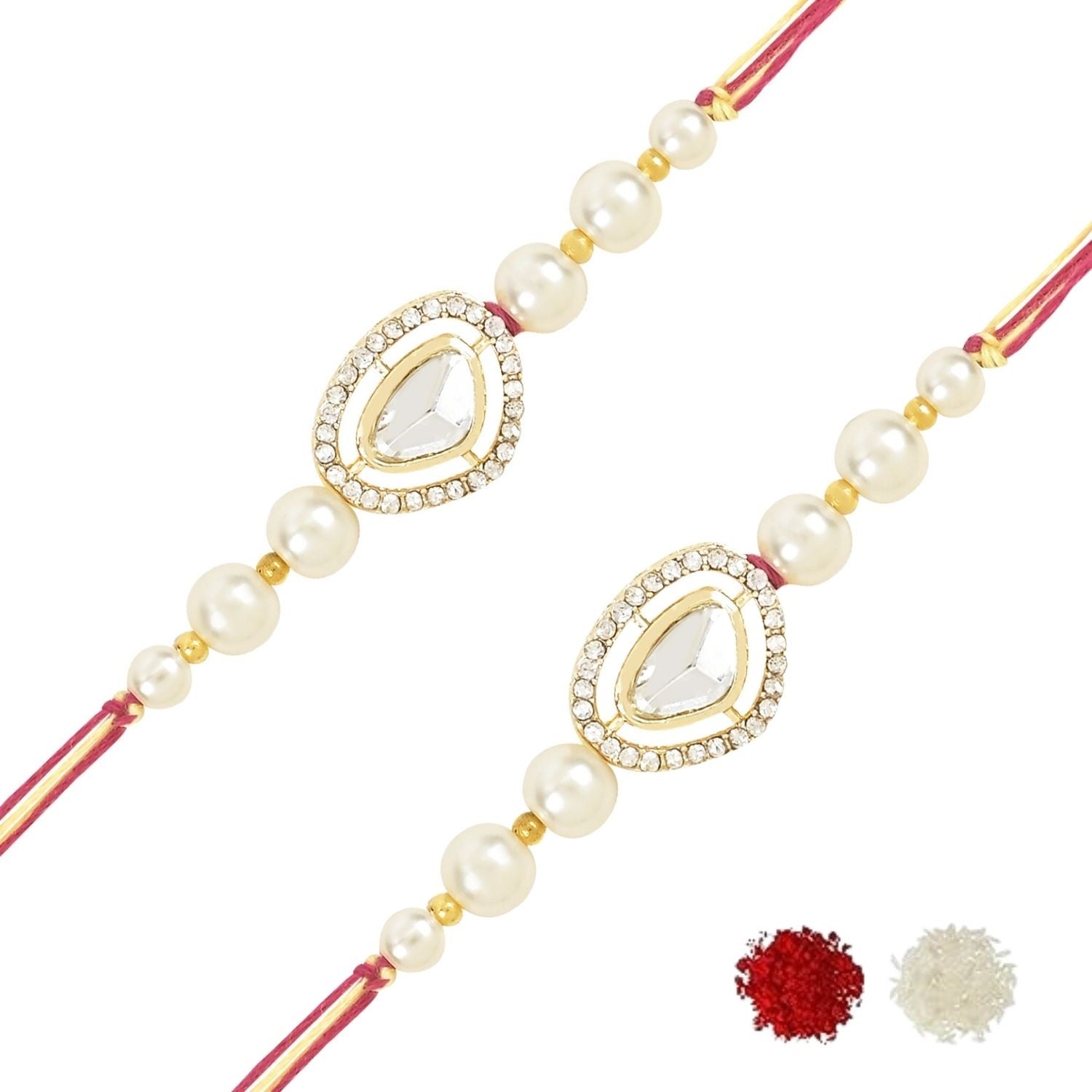 Dazzling Pearl Kundan Stone Rakhi with Roli Chawal & Card