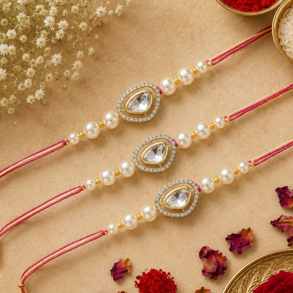 Dazzling Pearl Kundan Stone Rakhi with Roli Chawal & Card (Pack of 3)