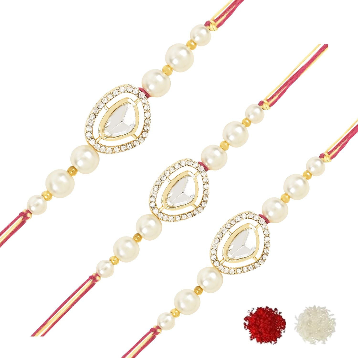 Dazzling Pearl Kundan Stone Rakhi with Roli Chawal & Card (Pack of 3)