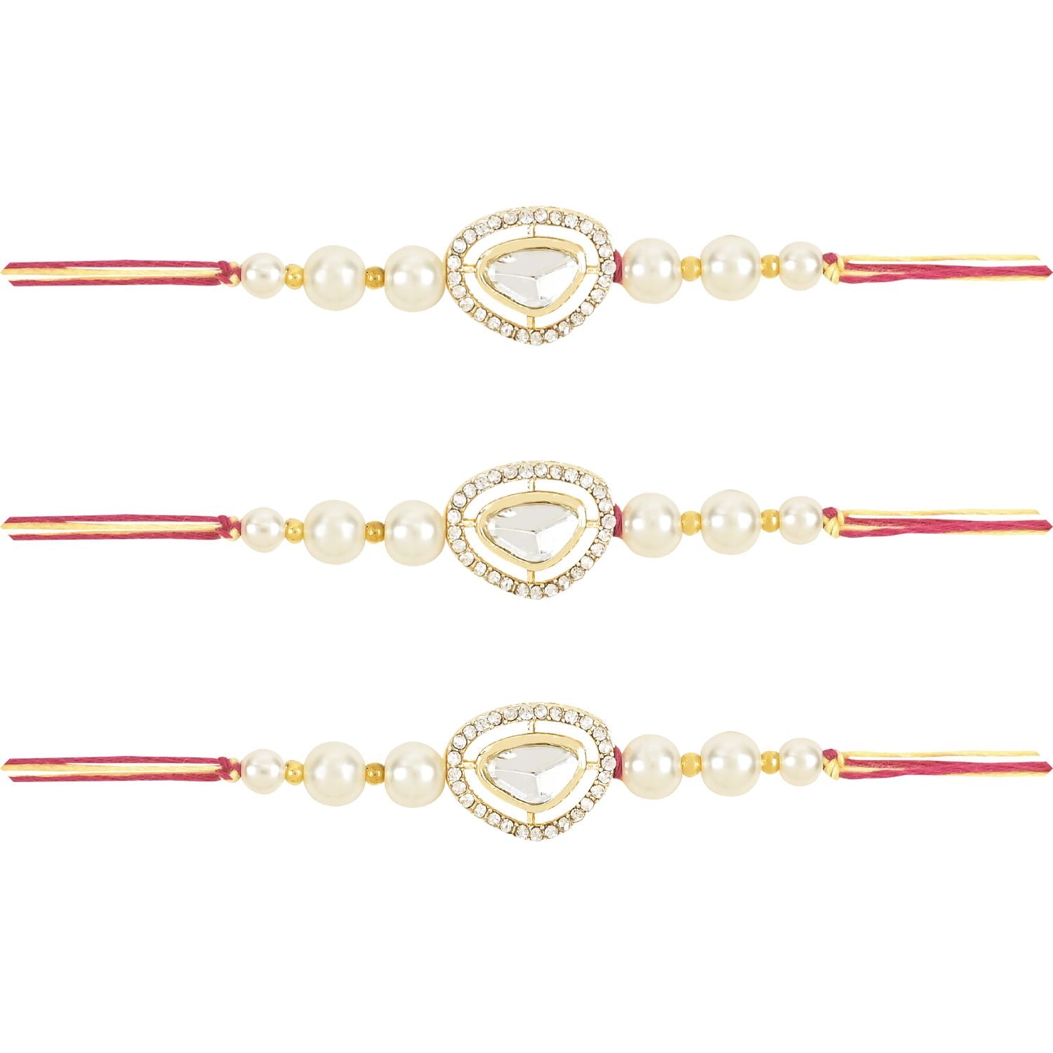 Dazzling Pearl Kundan Stone Rakhi with Roli Chawal & Card (Pack of 3)