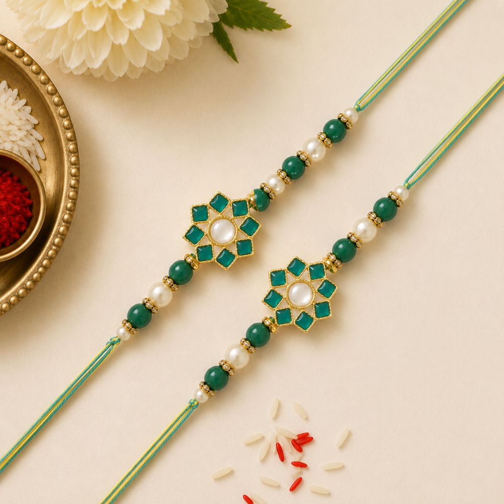 Dazzling Pearl Kundan Stone Rakhi with Roli Chawal & Card (Pack of 2)