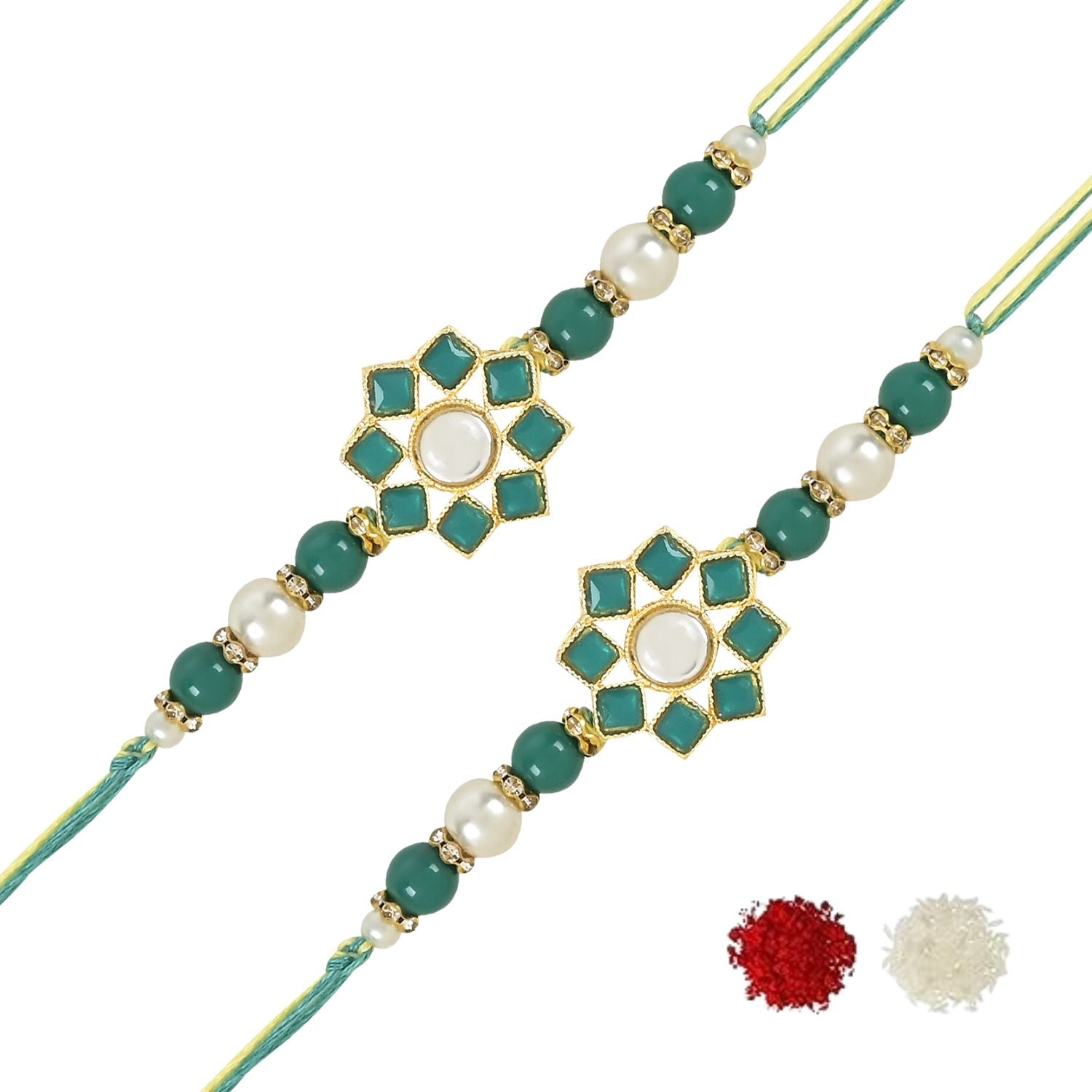 Dazzling Pearl Kundan Stone Rakhi with Roli Chawal & Card (Pack of 2)