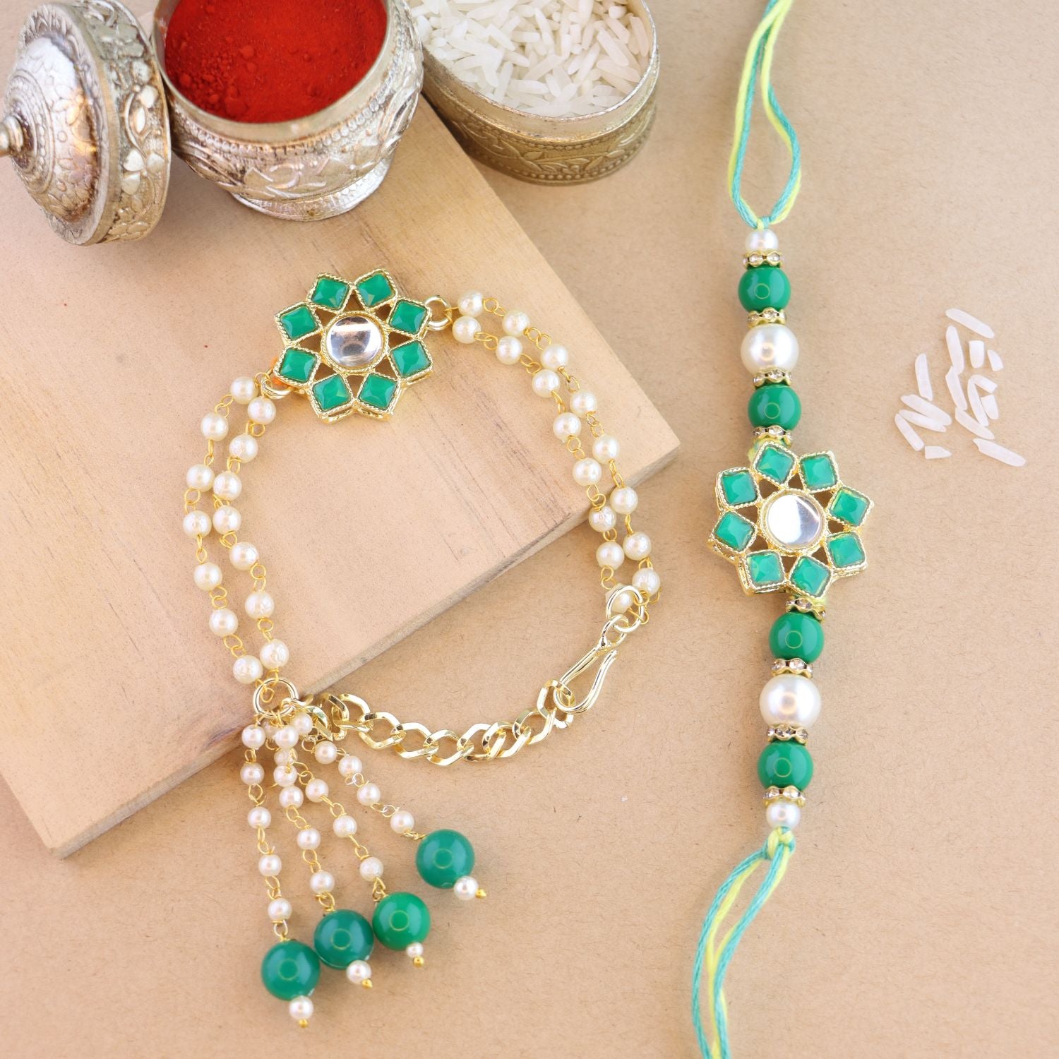 Elegant Bhaiya Bhabhi Lumba & Pearl Rakhi With Roli Chawal & Card