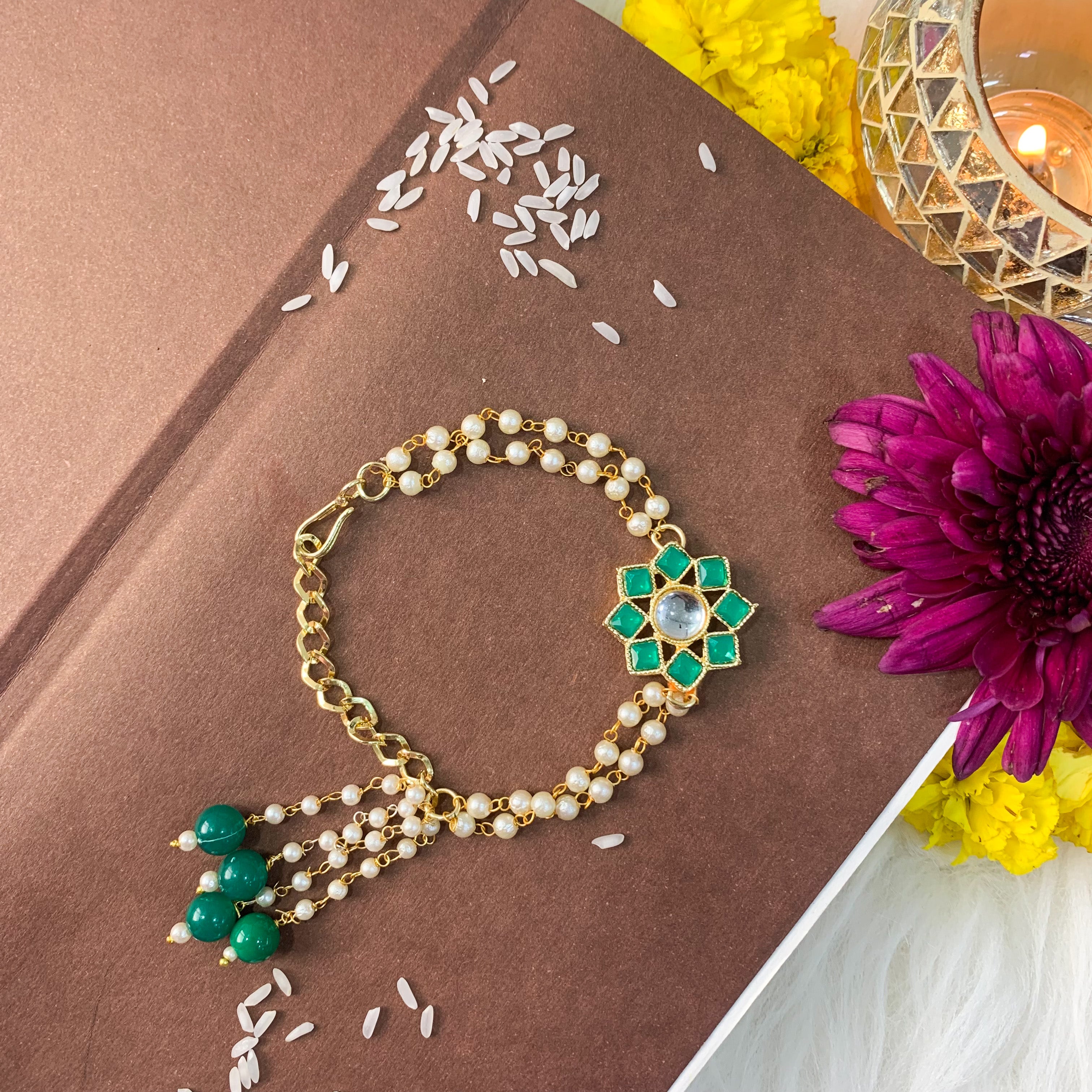 Alluring Pearl & Kundan Lumba Rakhi