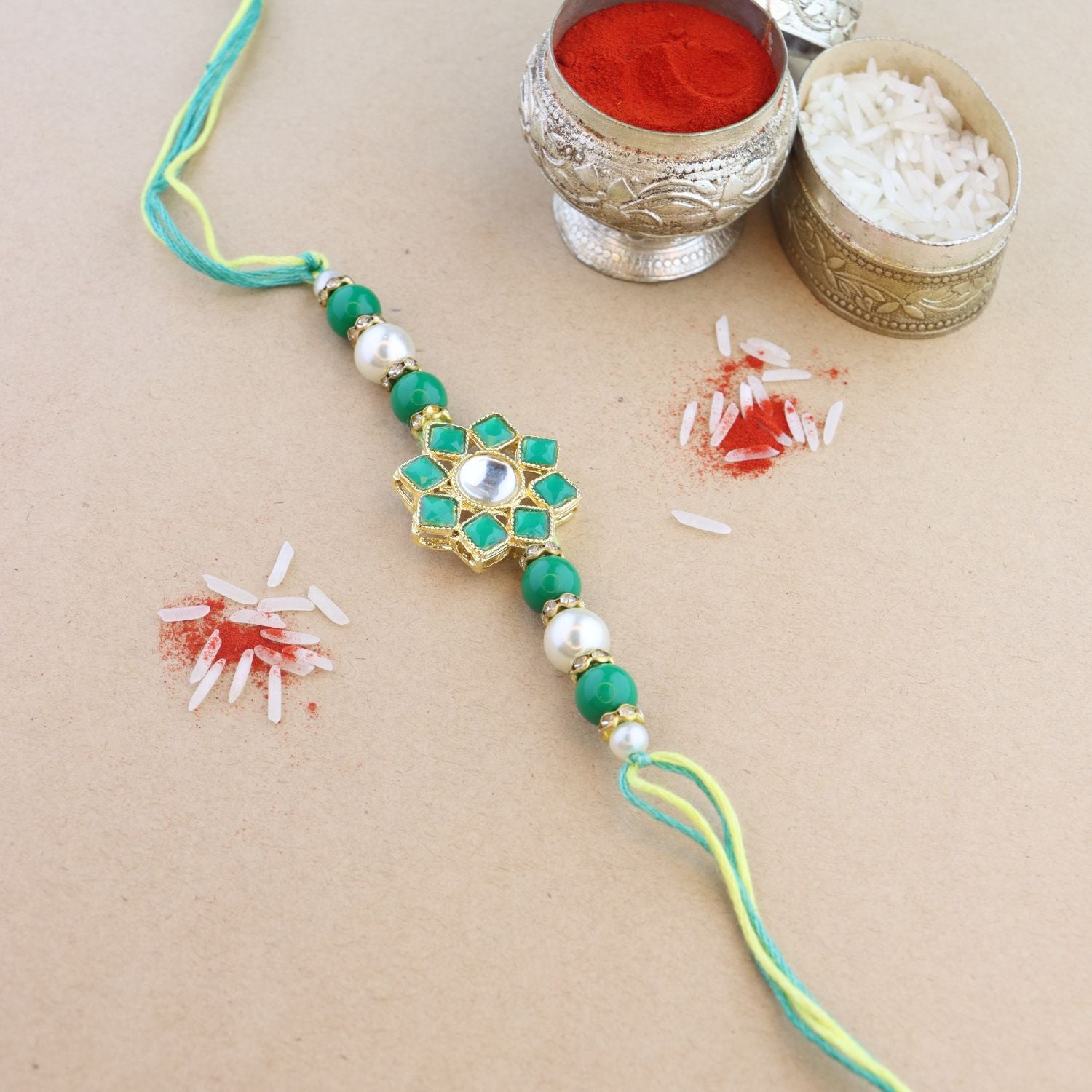 Dazzling Pearl Kundan Stone Rakhi with Roli Chawal & Card
