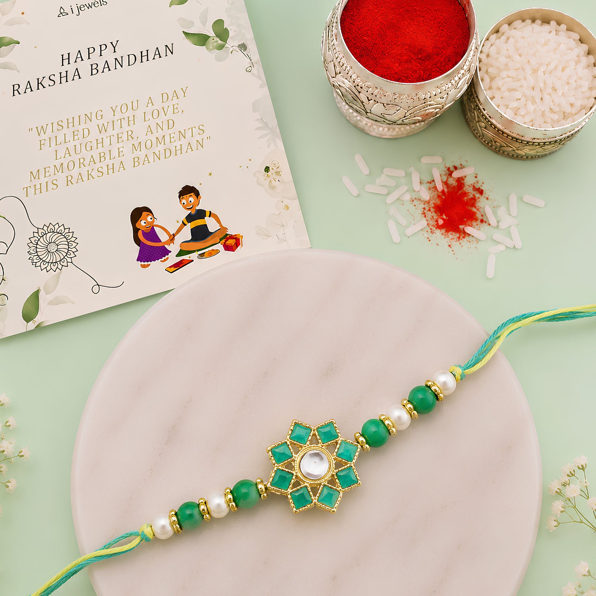 Dazzling Pearl Kundan Stone Rakhi with Roli Chawal & Card
