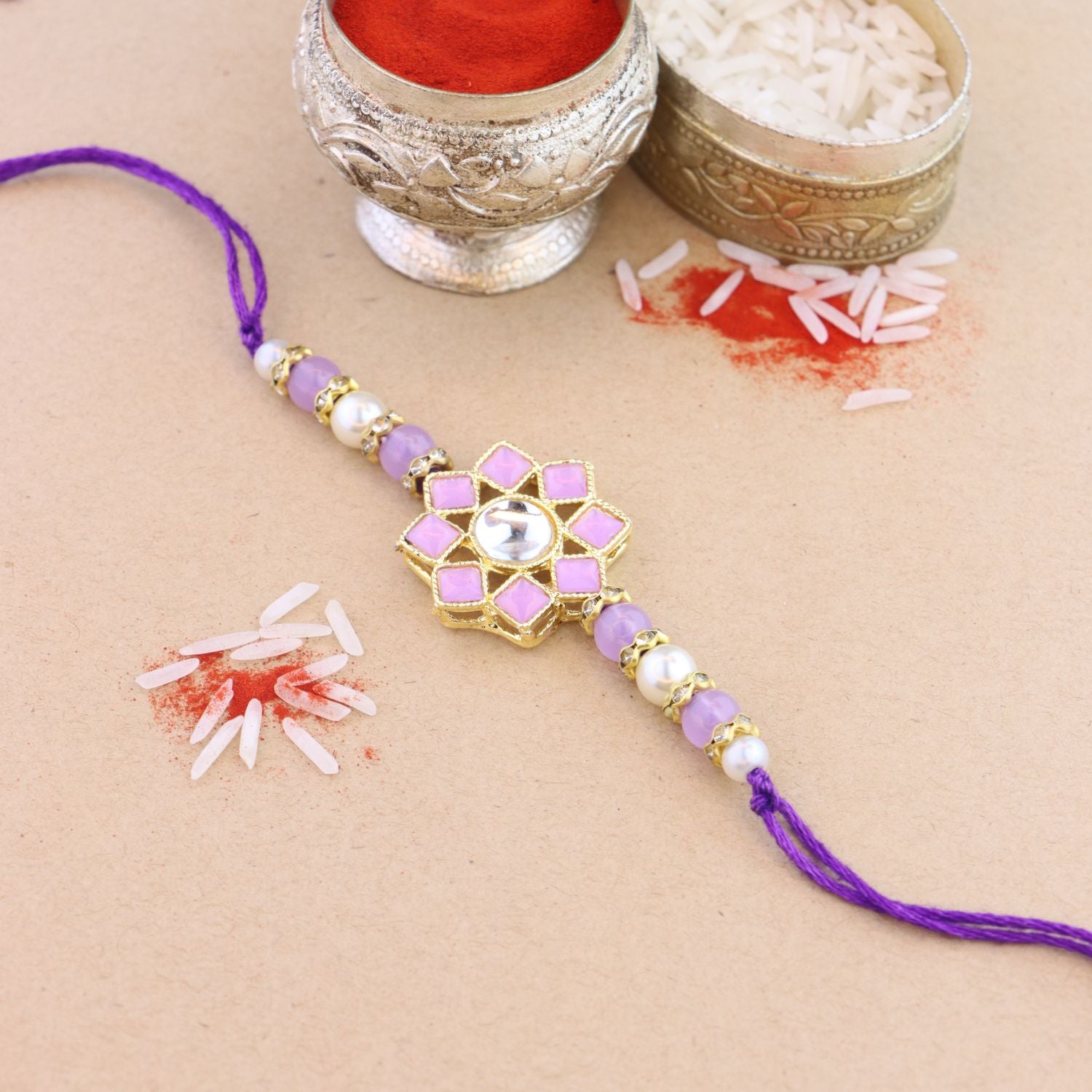Dazzling Pearl Kundan Stone Rakhi with Roli Chawal & Card