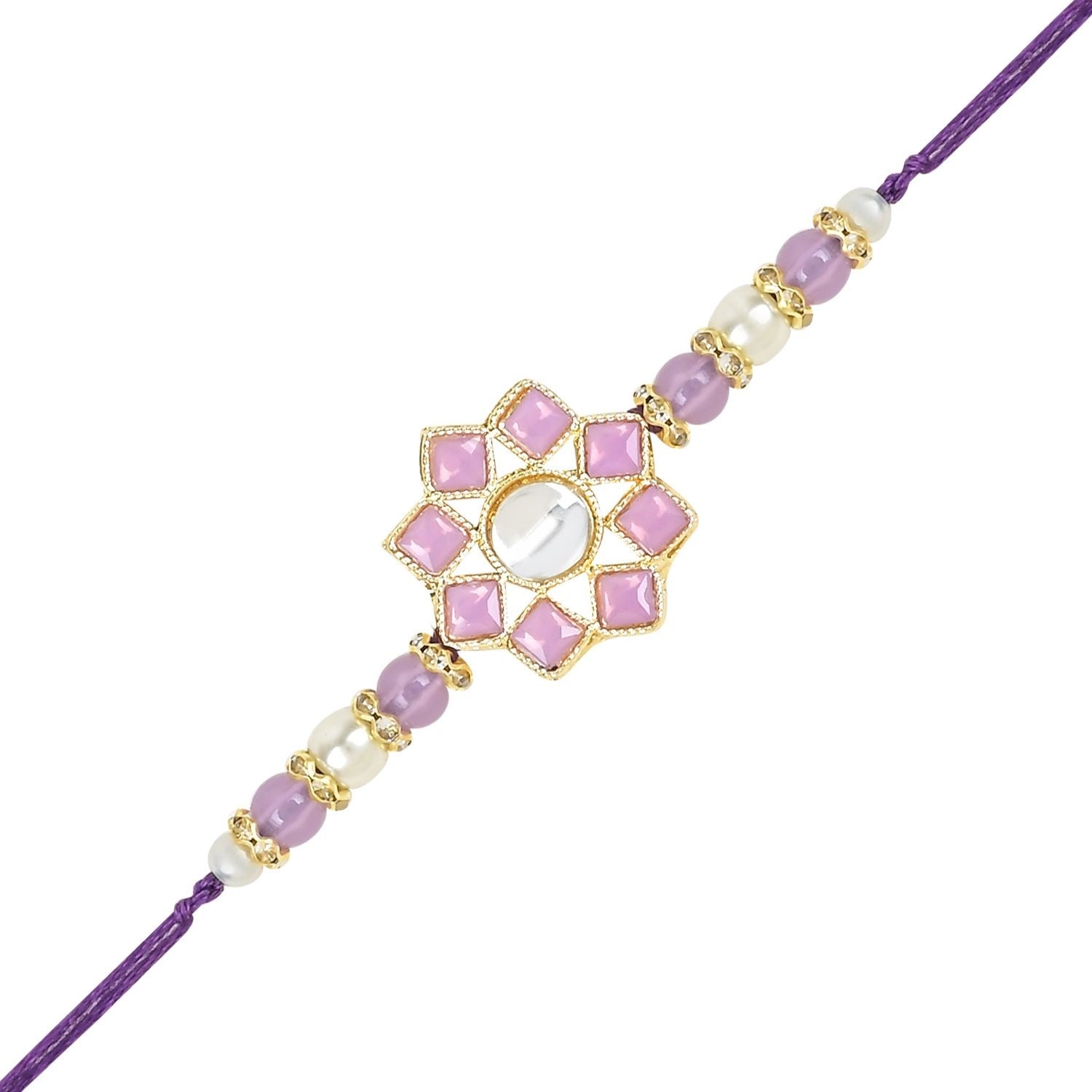 Dazzling Pearl Kundan Stone Rakhi with Roli Chawal & Card