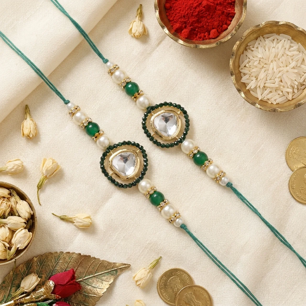 Beautiful Kundan & Pearl Rakhi with Roli Chawal & Card (Pack of 2)