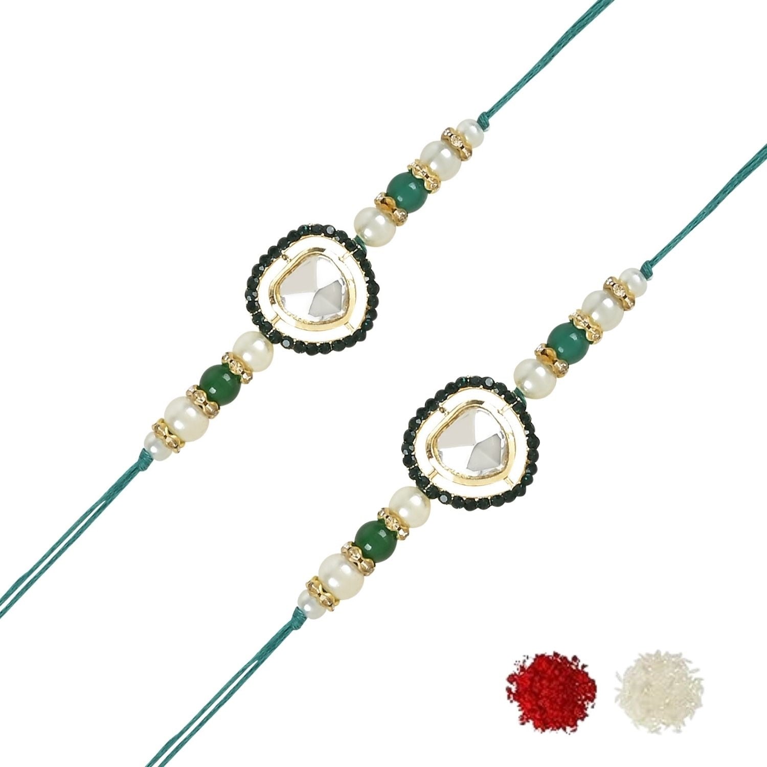 Beautiful Kundan & Pearl Rakhi with Roli Chawal & Card (Pack of 2)