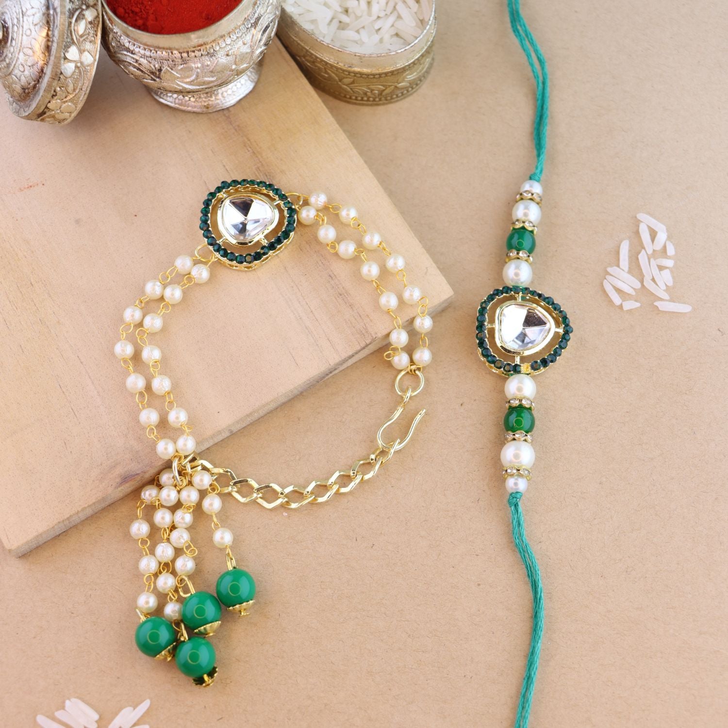 Elegant Bhaiya Bhabhi Lumba & Pearl Rakhi With Roli Chawal & Card