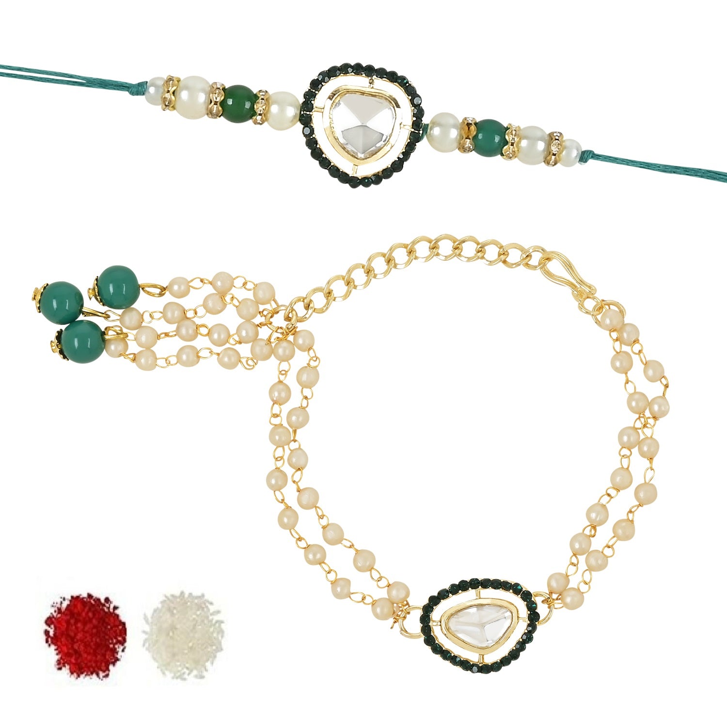 Elegant Bhaiya Bhabhi Lumba & Pearl Rakhi With Roli Chawal & Card