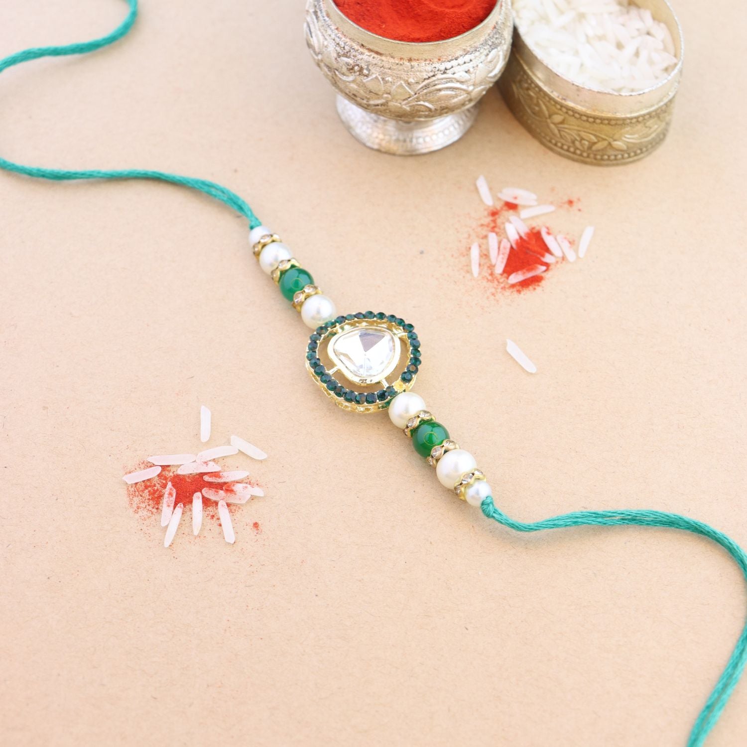 Beautiful Kundan & Pearl Rakhi with Roli Chawal & Card