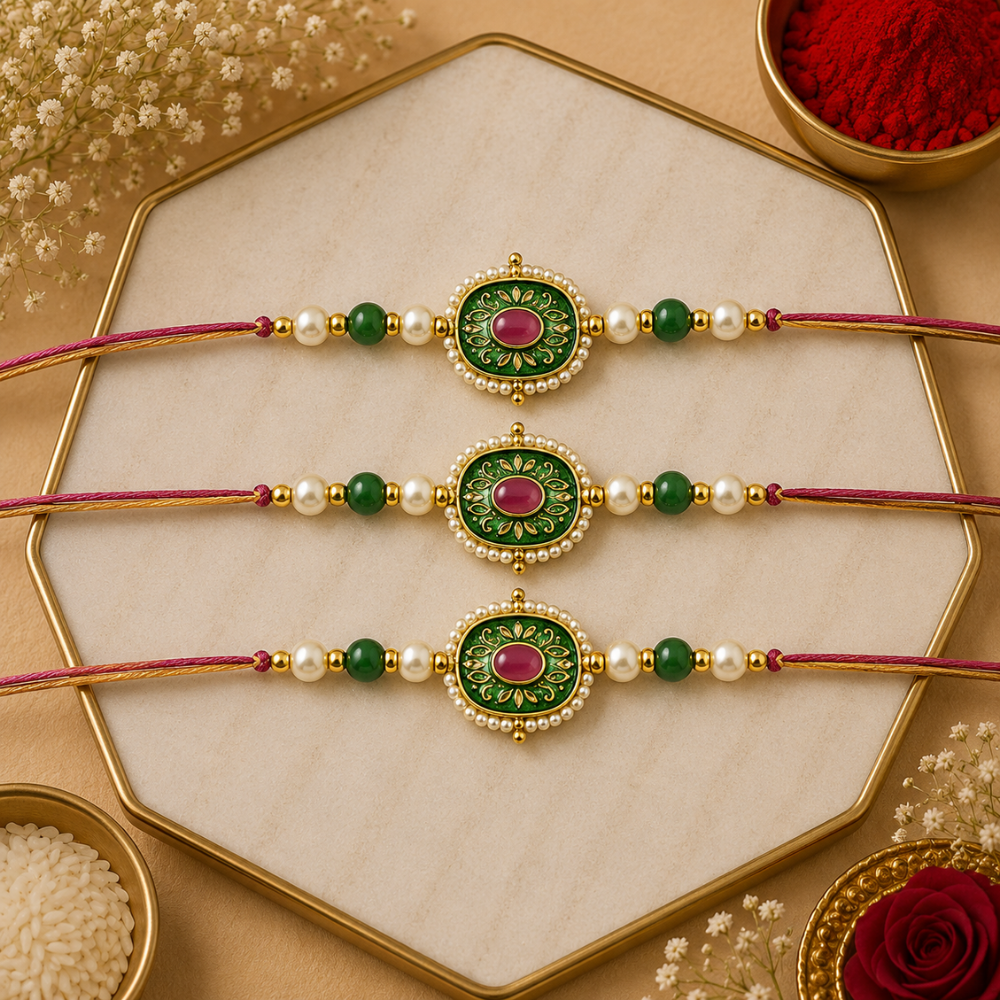 Beautiful Meenakari Kundan & Pearl Rakhi with Roli Chawal & Card (Pack of 3)