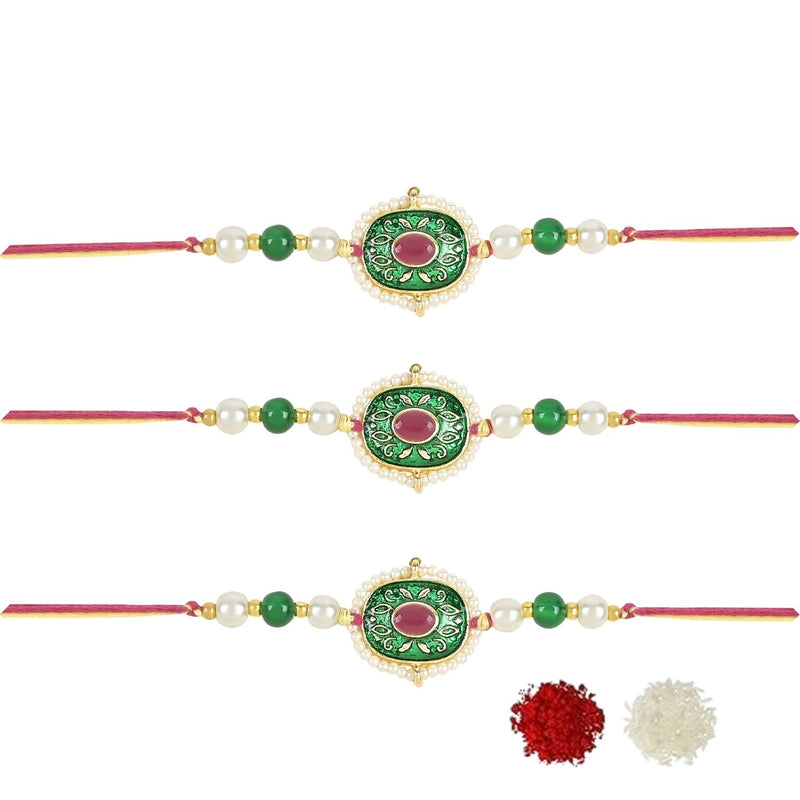 Beautiful Meenakari Kundan & Pearl Rakhi with Roli Chawal & Card (Pack of 3)