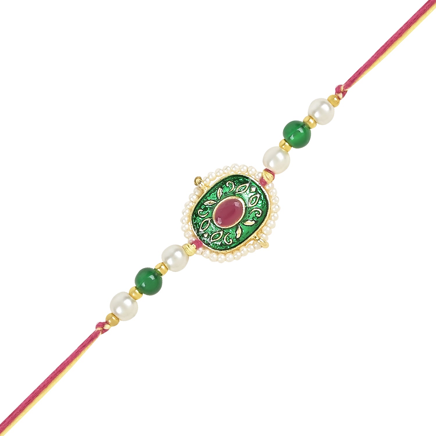 Beautiful Meenakari Kundan & Pearl Rakhi with Roli Chawal & Card (Pack of 3)