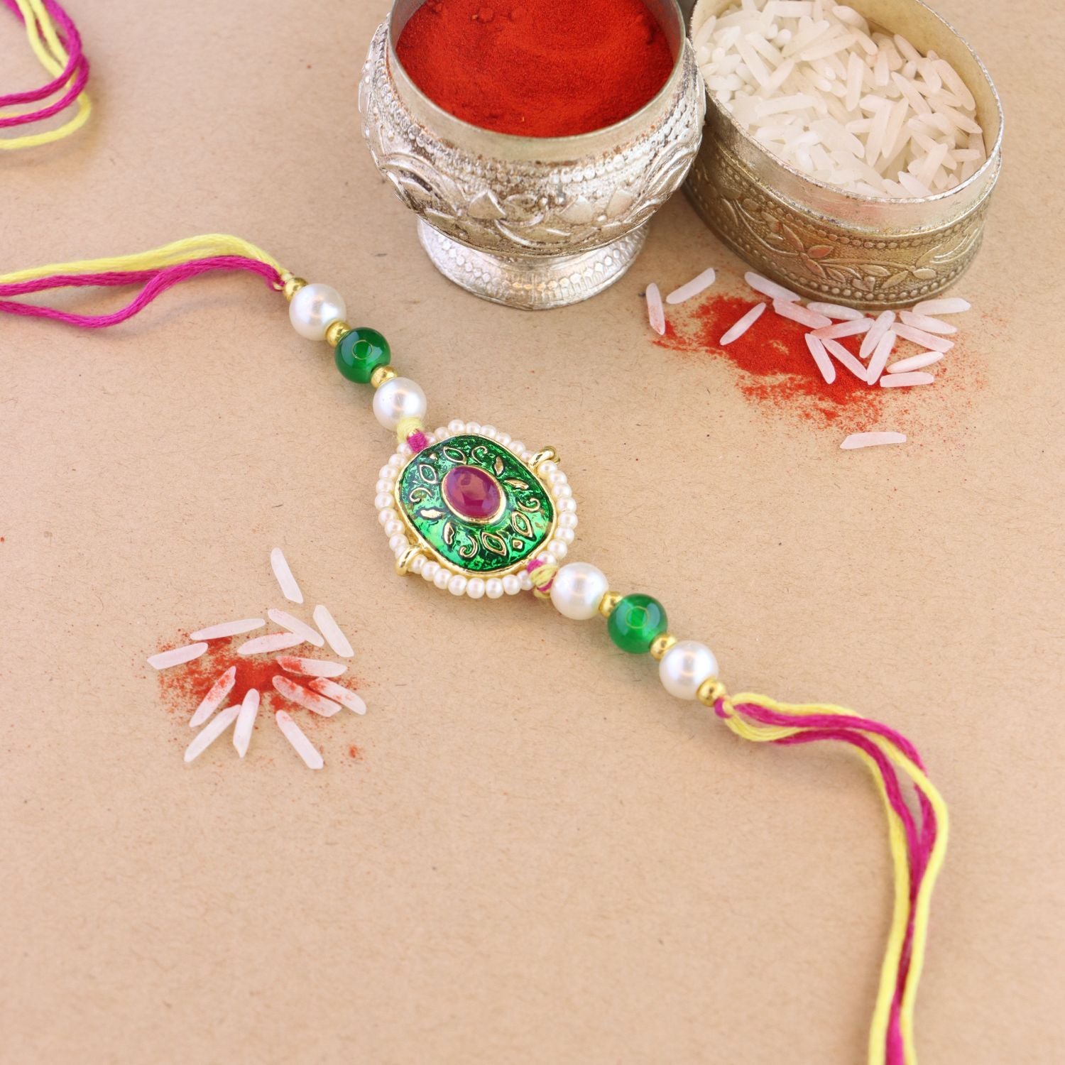 Beautiful Meenakari Kundan & Pearl Rakhi with Roli Chawal & Card