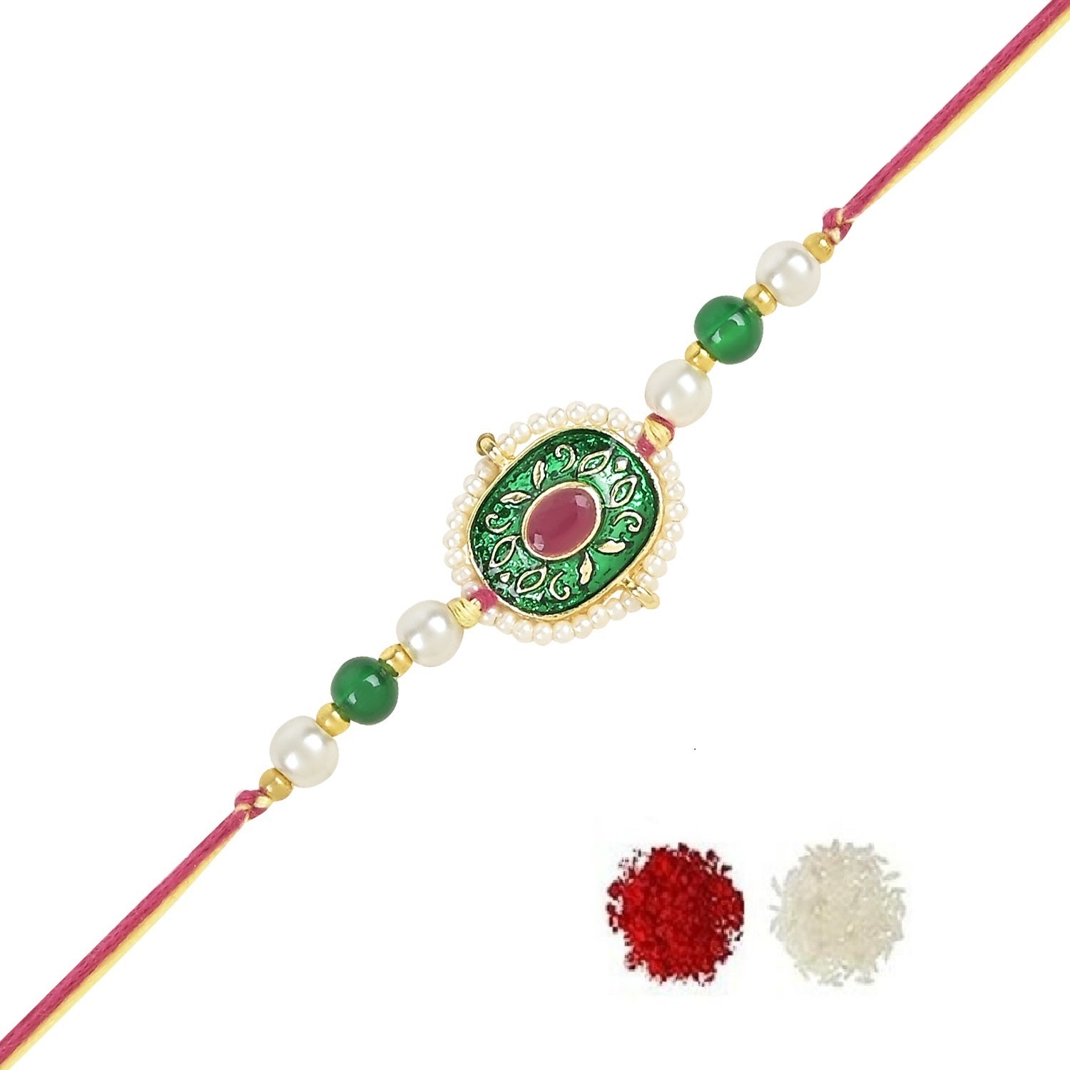 Beautiful Meenakari Kundan & Pearl Rakhi with Roli Chawal & Card