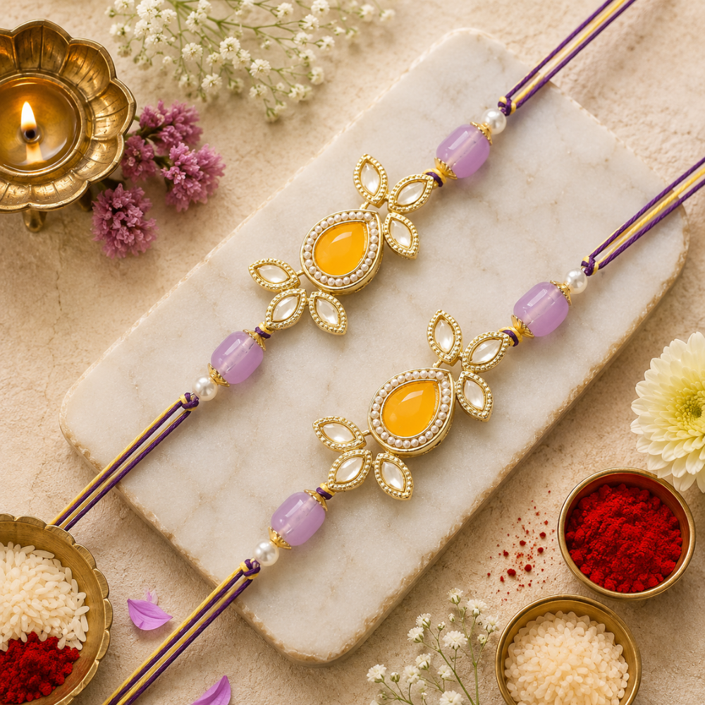 Beautiful Kundan & Pearl Rakhi with Roli Chawal & Card (Pack of 2)