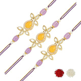 Beautiful Kundan & Pearl Rakhi with Roli Chawal & Card (Pack of 3)
