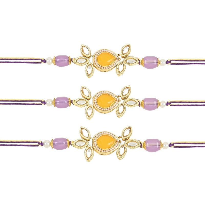 Beautiful Kundan & Pearl Rakhi with Roli Chawal & Card (Pack of 3)