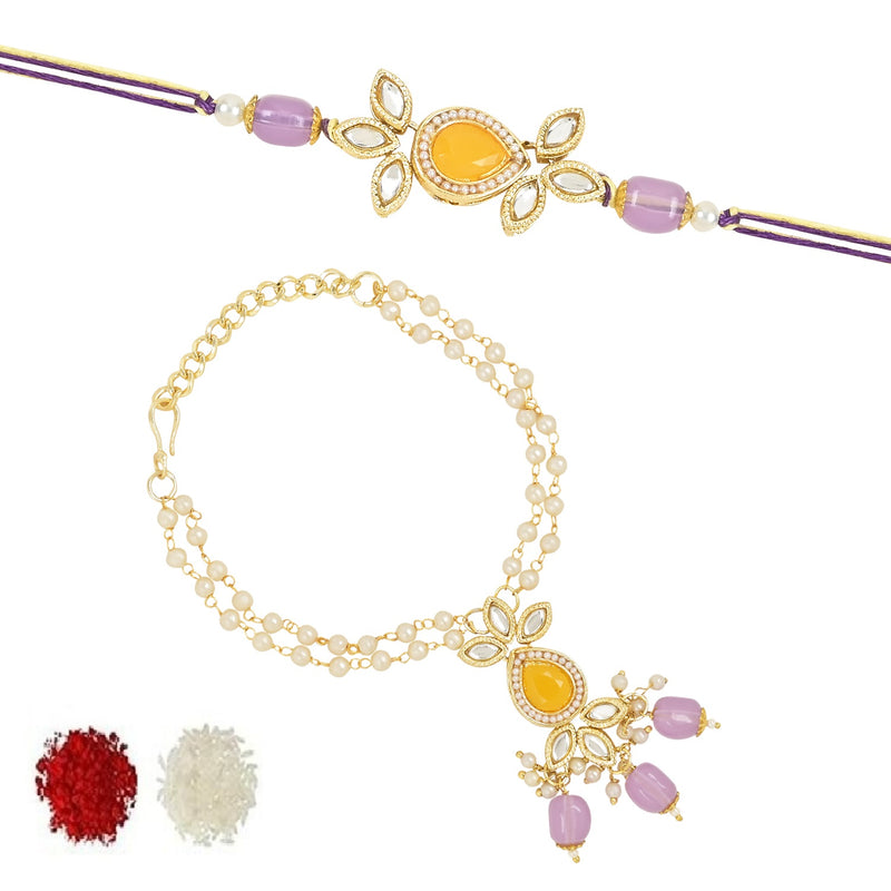 Elegant Bhaiya Bhabhi Lumba Pearl Rakhi With Roli Chawal &Card