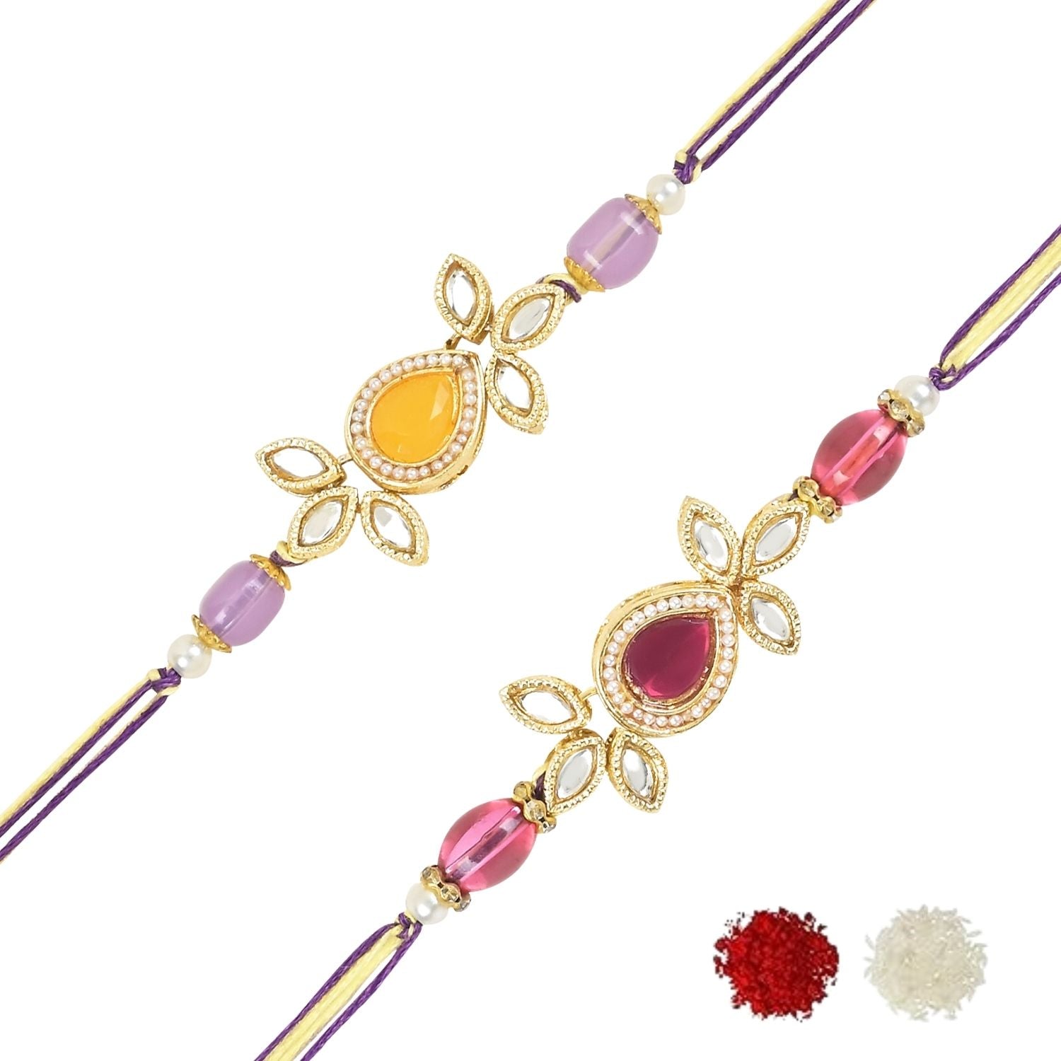 Beautiful Kundan & Pearl Rakhi with Roli Chawal & Card (Pack of 3)