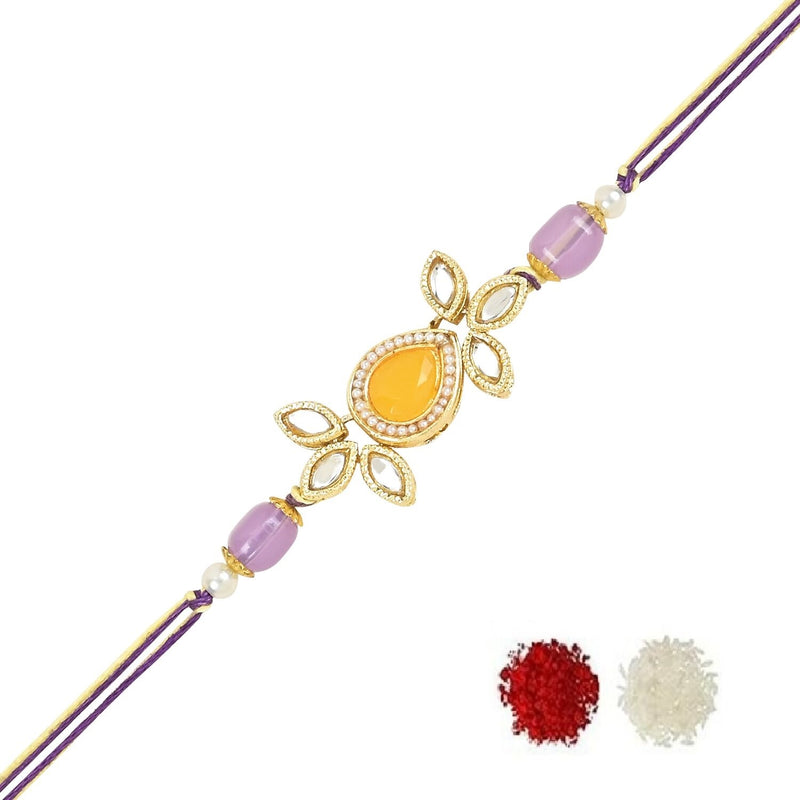 Beautiful Kundan & Pearl Rakhi with Roli Chawal & Card