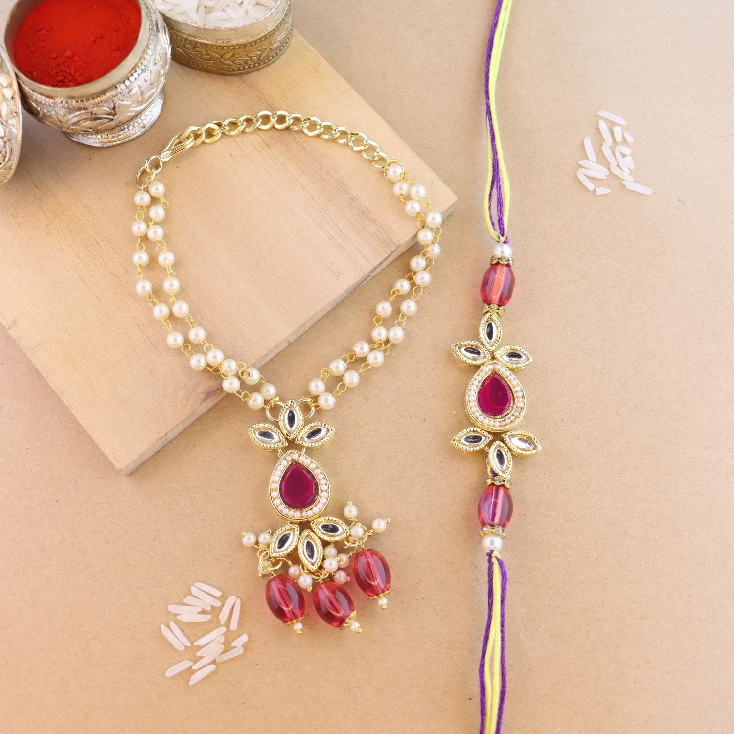 Elegant Bhaiya Bhabhi Lumba & Pearl Rakhi With Roli Chawal & Card