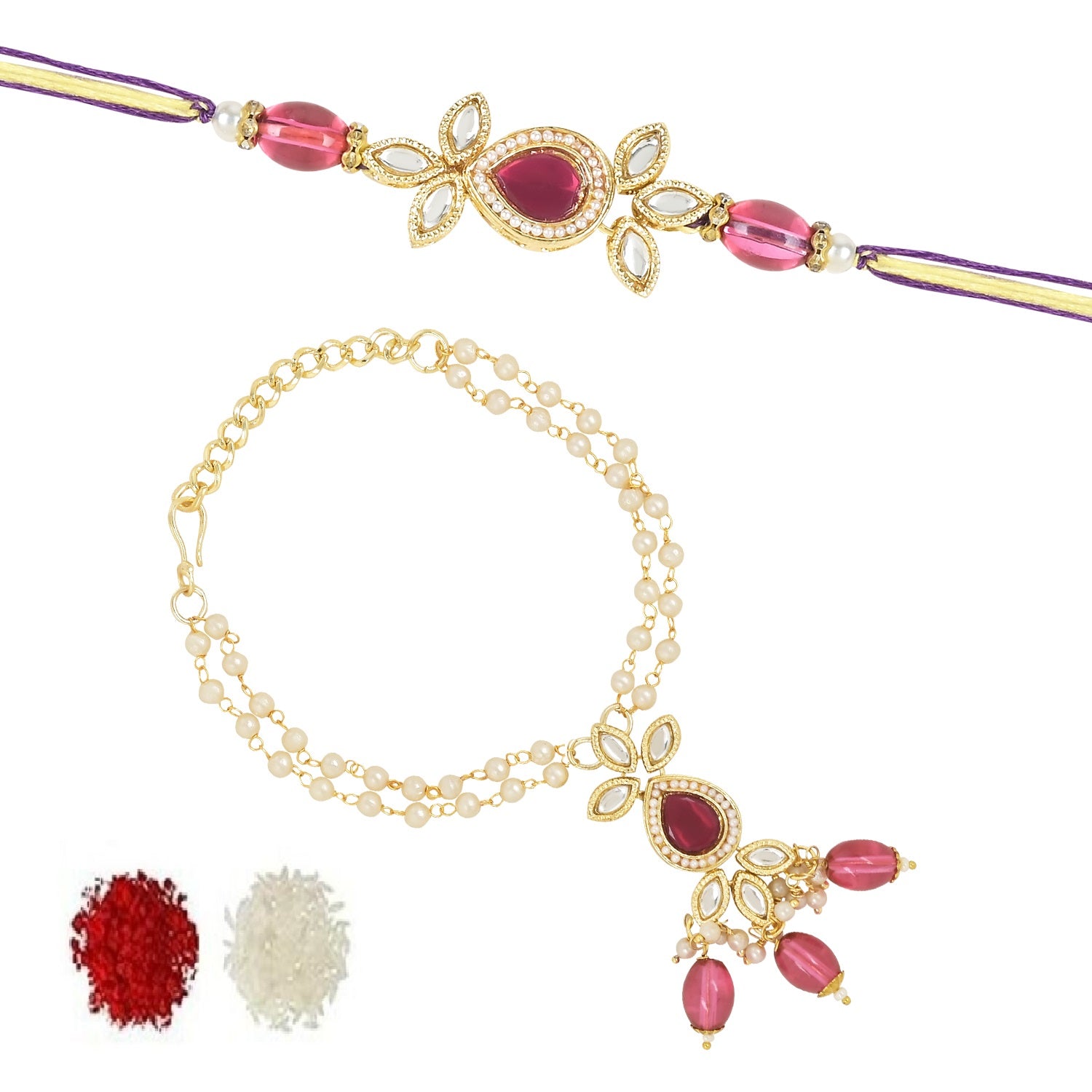 Elegant Bhaiya Bhabhi Lumba & Pearl Rakhi With Roli Chawal & Card